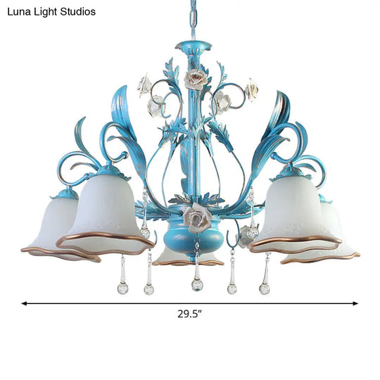 Countryside Bedroom Pendant Chandelier With Frosted Glass Shade And Crystal Decor In Blue - 3/5/8