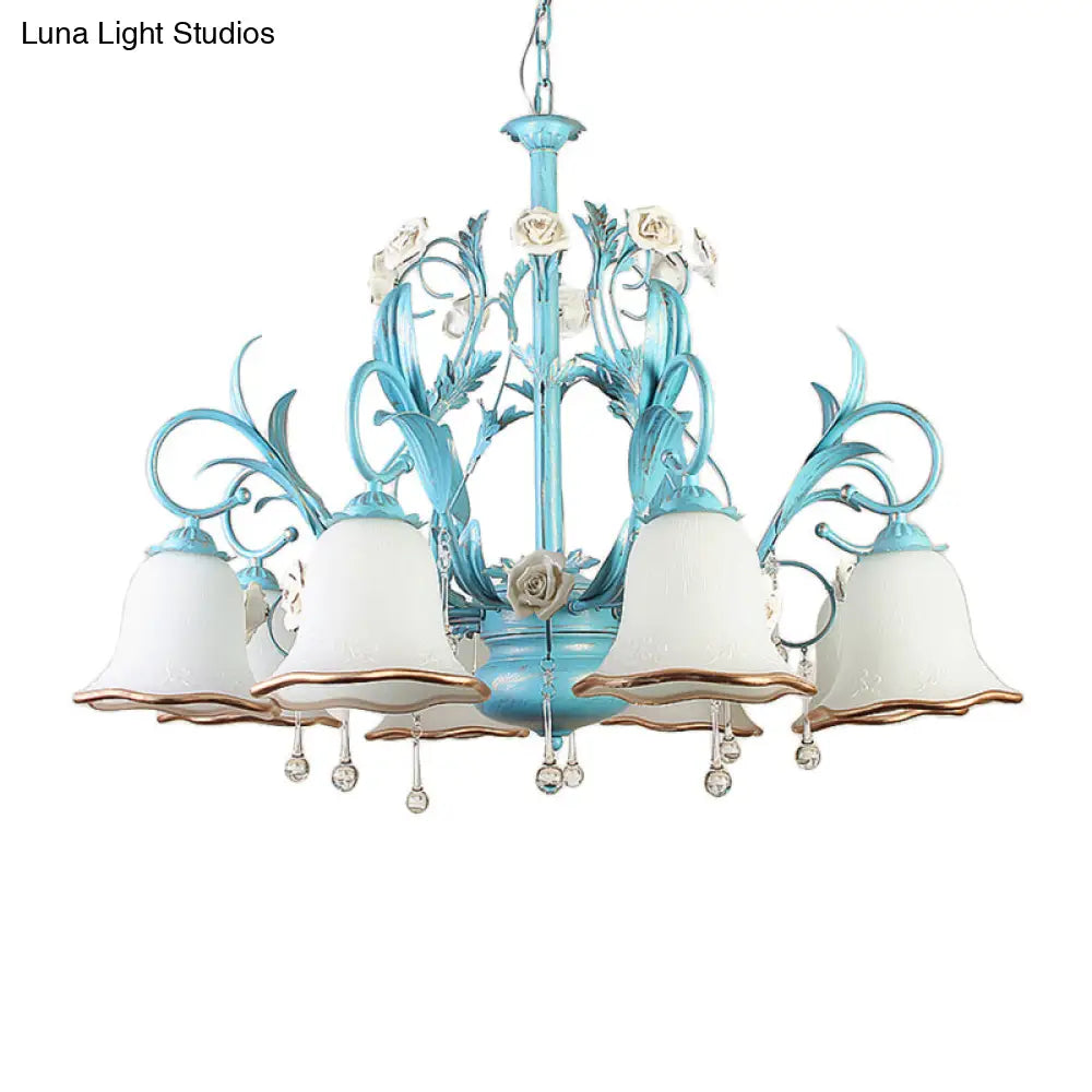 Countryside Bedroom Pendant Chandelier With Frosted Glass Shade And Crystal Decor In Blue - 3/5/8