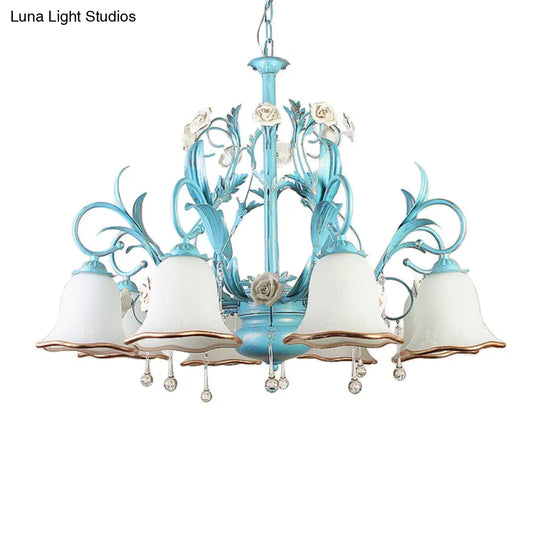 Countryside Bedroom Pendant Chandelier With Frosted Glass Shade And Crystal Decor In Blue - 3/5/8