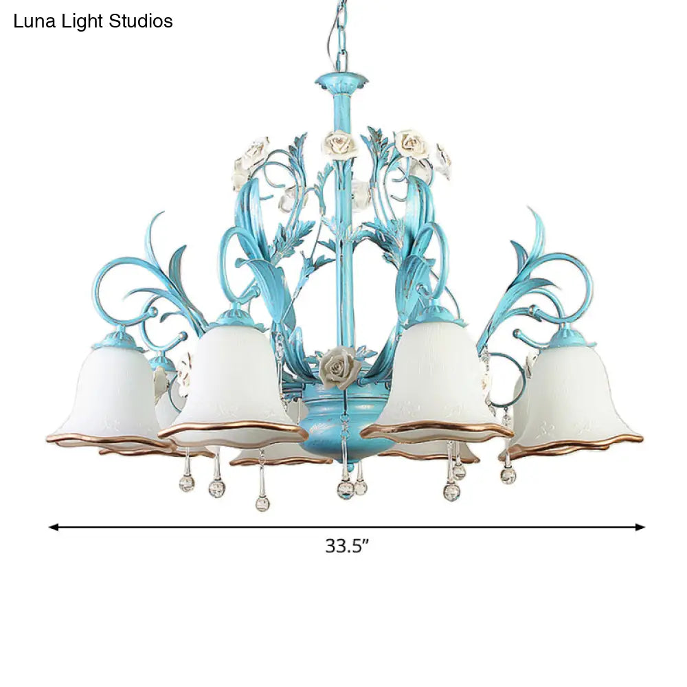 Countryside Bedroom Pendant Chandelier With Frosted Glass Shade And Crystal Decor In Blue - 3/5/8