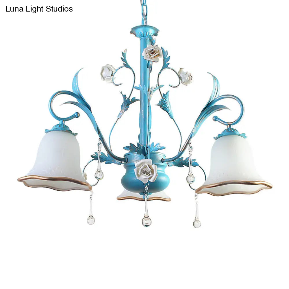 Countryside Bedroom Pendant Chandelier With Frosted Glass Shade And Crystal Decor In Blue - 3/5/8