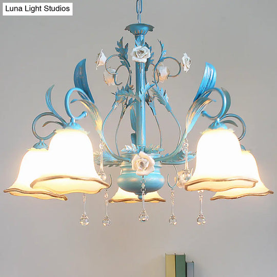 Countryside Bedroom Pendant Chandelier With Frosted Glass Shade And Crystal Decor In Blue - 3/5/8