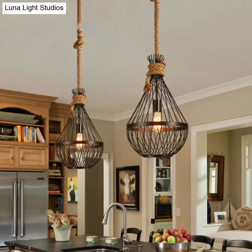 Countryside Black Teardrop Ceiling Lamp With Rope Suspension - Metal Pendant Light For Restaurants