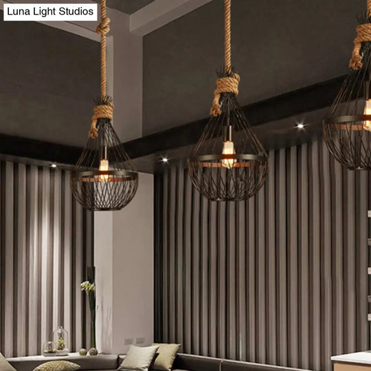 Countryside Black Teardrop Ceiling Lamp With Rope Suspension - Metal Pendant Light For Restaurants