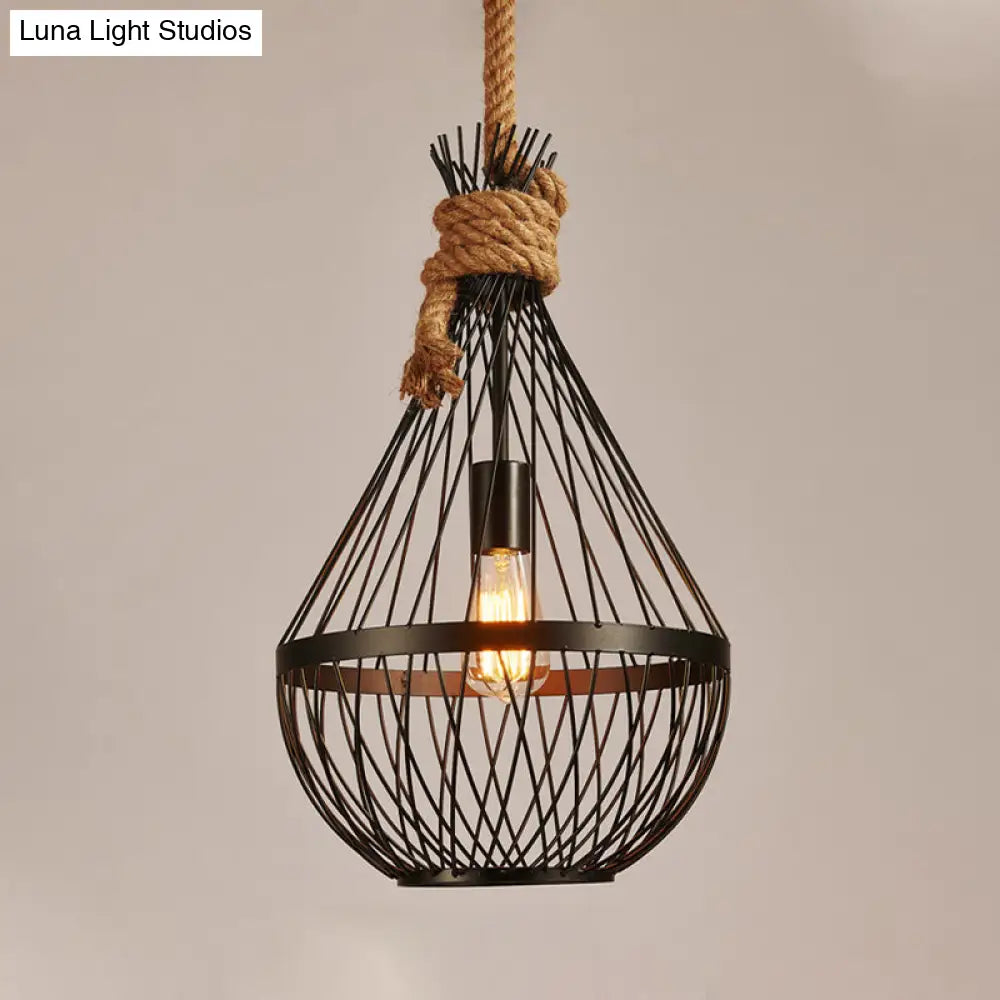 Countryside Black Teardrop Ceiling Lamp With Rope Suspension - Metal Pendant Light For Restaurants