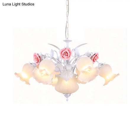 Countryside Blossom Chandelier - 8 Head White Glass Pendant Ceiling Light For Dining Room