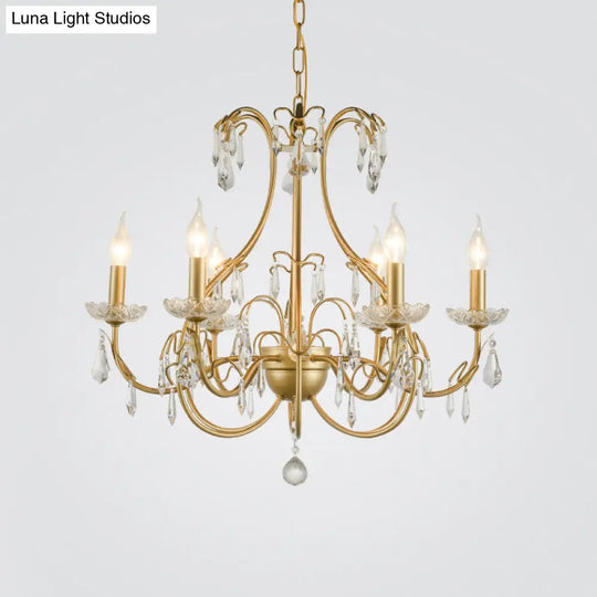 Countryside Brass Teardrop Chandelier Lamp - Metal 8 Bulb Pendant Light Kit With Crystal Accents
