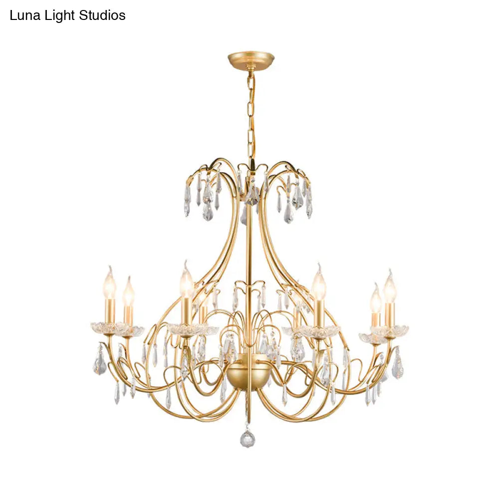 Countryside Brass Teardrop Chandelier Lamp - Metal 8 Bulb Pendant Light Kit With Crystal Accents