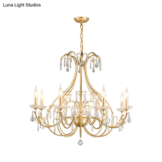 Countryside Brass Teardrop Chandelier Lamp - Metal 8 Bulb Pendant Light Kit With Crystal Accents