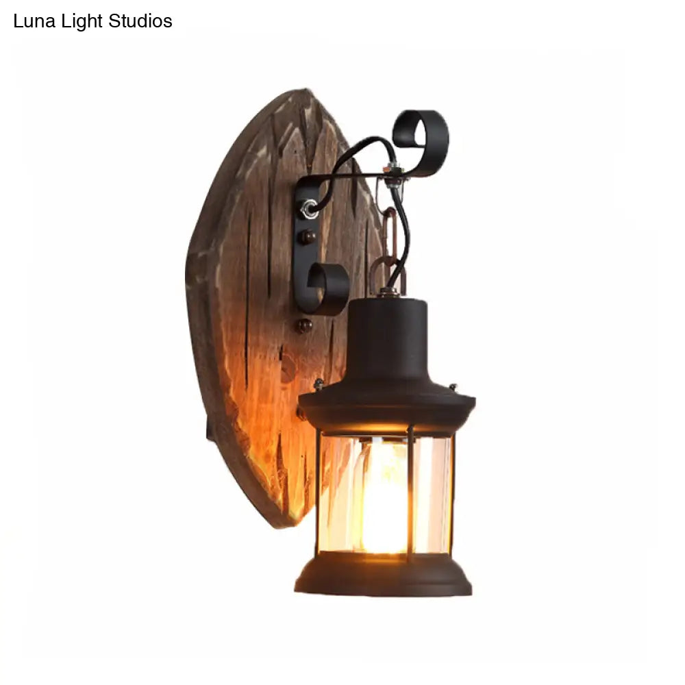 Countryside Brown Lantern Wall Light Kit With Clear Glass Shade And Wood Backplate 1-Light