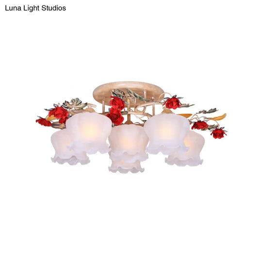 Countryside Coffee Floral Dining Room Semi Flush Light Fixture - 4/6 - Light Frosted Glass Mount