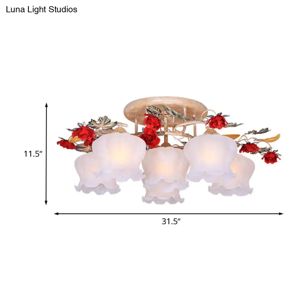 Countryside Coffee Floral Dining Room Semi Flush Light Fixture - 4/6-Light Frosted Glass Mount