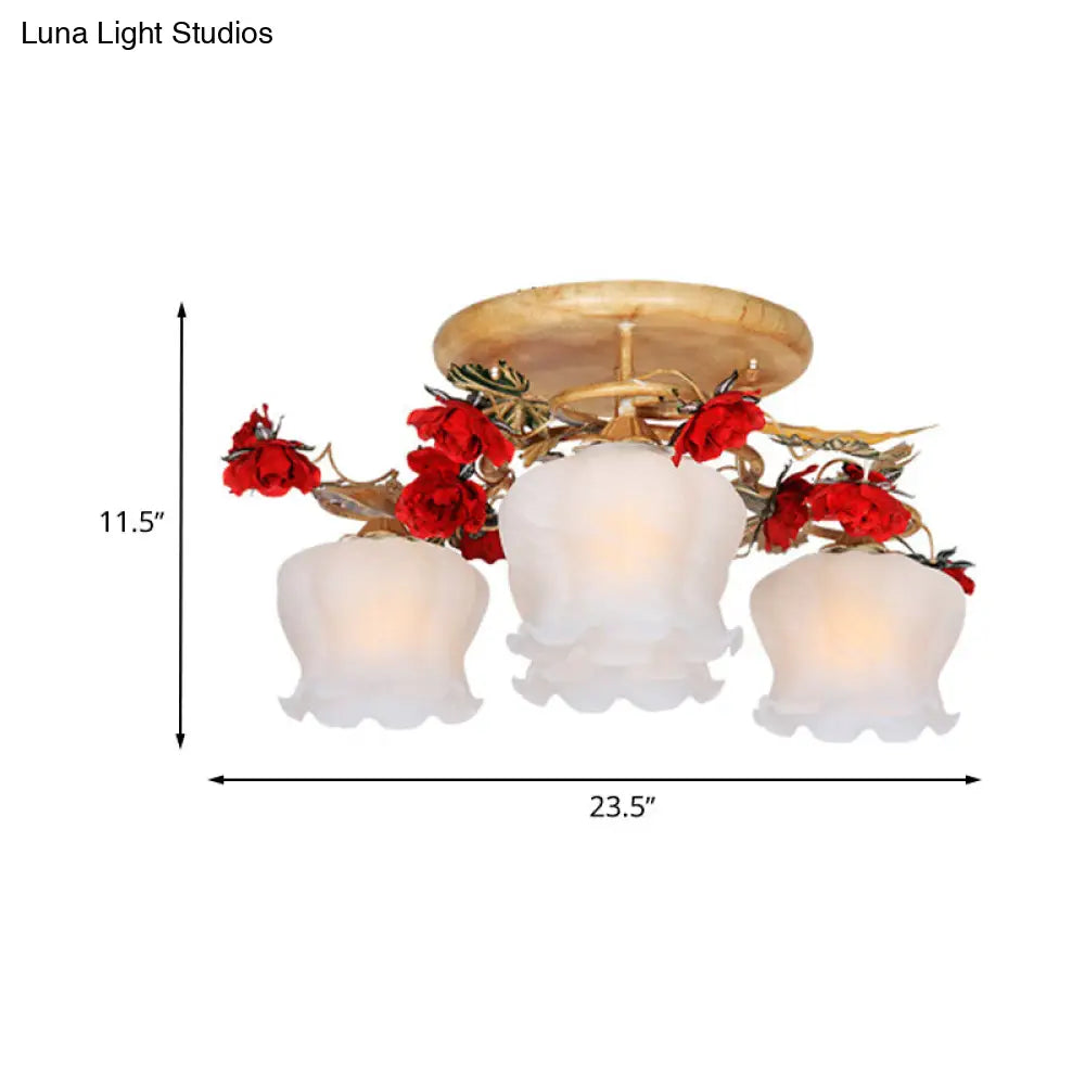 Countryside Coffee Floral Dining Room Semi Flush Light Fixture - 4/6-Light Frosted Glass Mount
