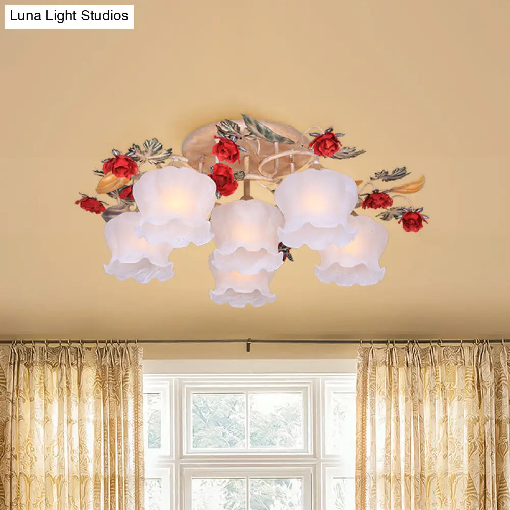 Countryside Coffee Floral Dining Room Semi Flush Light Fixture - 4/6-Light Frosted Glass Mount