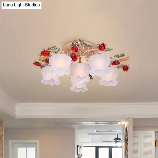 Countryside Coffee Floral Dining Room Semi Flush Light Fixture - 4/6-Light Frosted Glass Mount