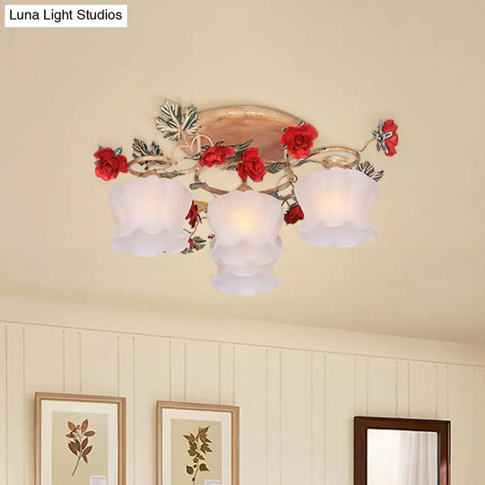 Countryside Coffee Floral Dining Room Semi Flush Light Fixture - 4/6-Light Frosted Glass Mount