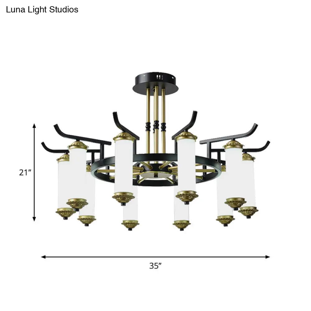 Countryside Column Frosted Glass 8/10-Bulb Chandelier In Black-Gold Finish