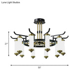 Countryside Column Frosted Glass 8/10-Bulb Chandelier In Black-Gold Finish