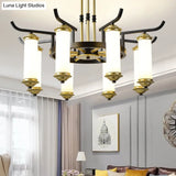 Countryside Column Frosted Glass 8/10-Bulb Chandelier In Black-Gold Finish