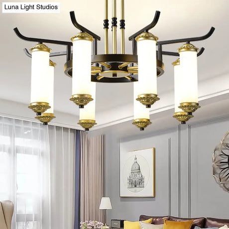 Countryside Column Frosted Glass 8/10-Bulb Chandelier In Black-Gold Finish