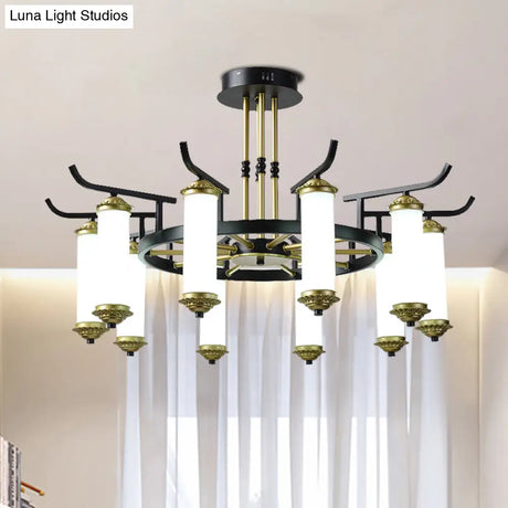 Countryside Column Frosted Glass 8/10-Bulb Chandelier In Black-Gold Finish