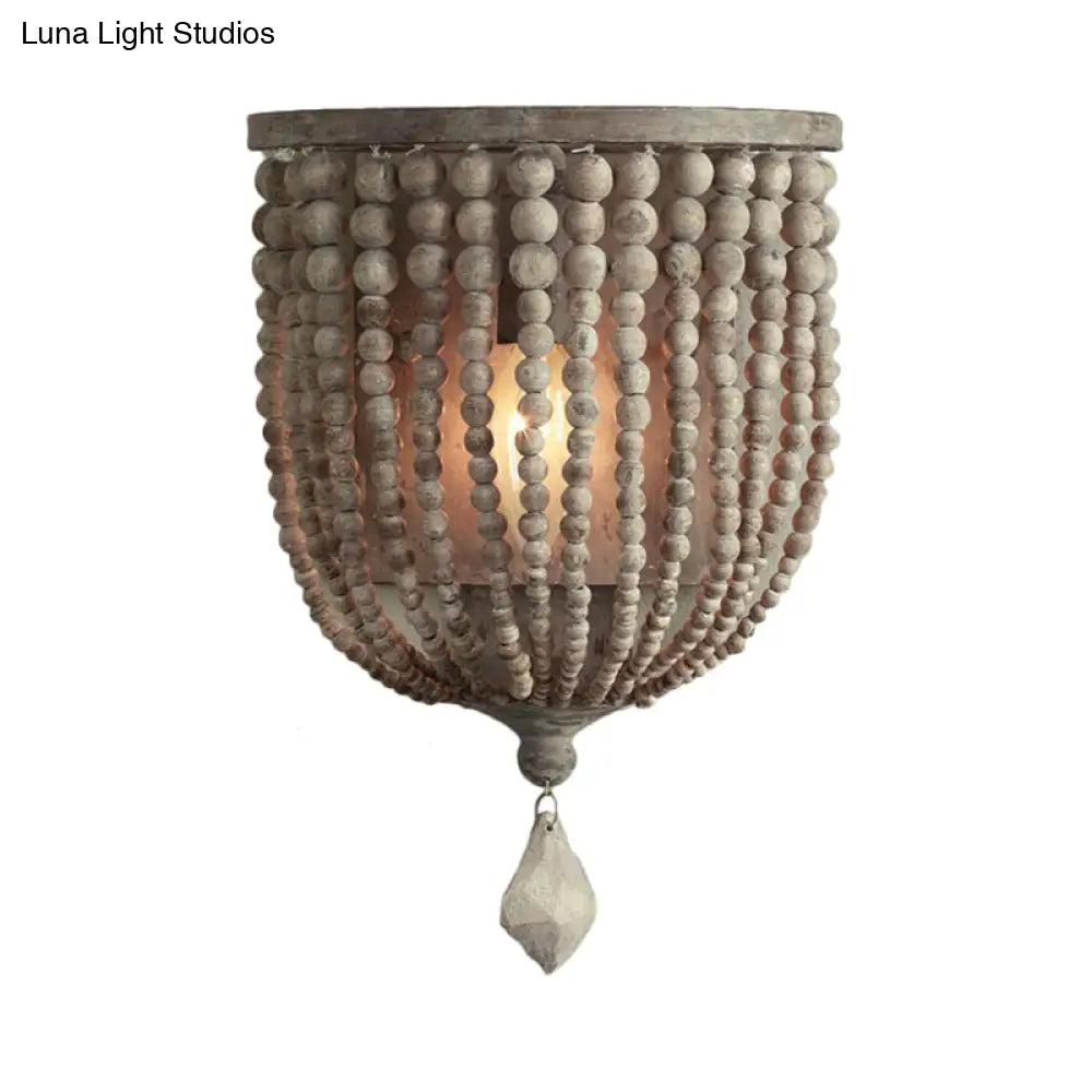 Countryside Grey Beaded Wall Mount Sconce With Light Wood Accent - Living Room Fixture