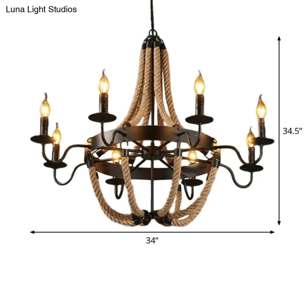 Countryside Hemp Rope Chandelier With Candle Design - Brown 6/8 Bulbs Pendant Lighting