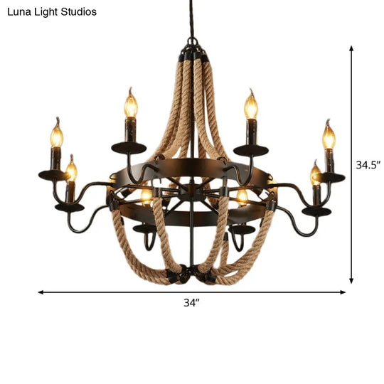 Countryside Hemp Rope Chandelier With Candle Design - Brown 6/8 Bulbs Pendant Lighting