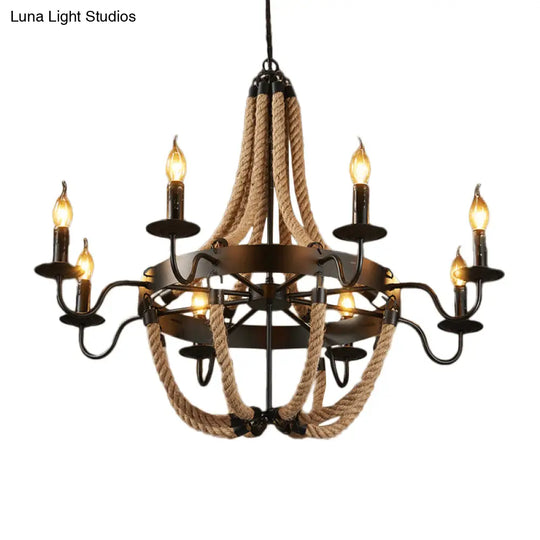 Countryside Hanging Chandelier With 6/8 Brown Bulbs And Hemp Rope Basket Pendant Design