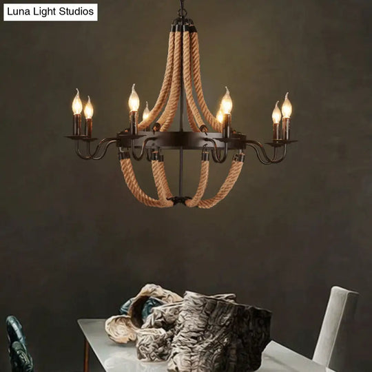 Countryside Hemp Rope Chandelier With Candle Design - Brown 6/8 Bulbs Pendant Lighting
