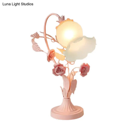 Countryside Opal Frosted Glass Pink Nightstand Lamp - Flower Bedroom Table Light