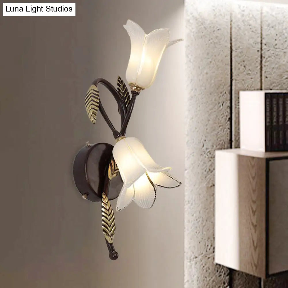 Countryside Opal Glass Wall Sconce With White/Purple Petunia Design - 2-Bulb Bedroom Lighting