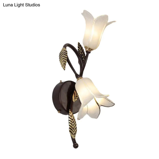 Countryside Opal Glass Wall Sconce With White/Purple Petunia Design - 2-Bulb Bedroom Lighting