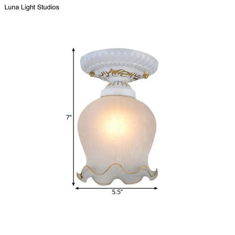 Countryside Scalloped Ceiling Flush Light Fixture In White - Ribbed Opal Glass 1 Bulb