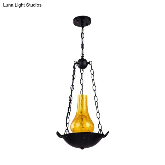 Crackle Glass Hanging Vintage Vase Pendant Light In Black/Brown