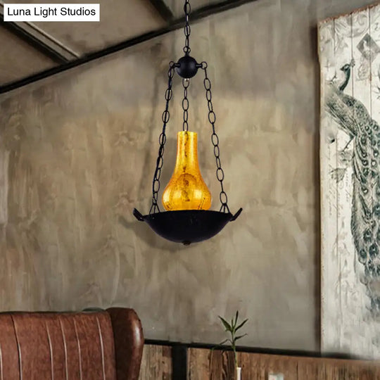 Crackle Glass Vintage Pendant Light With Black/Brown Finish