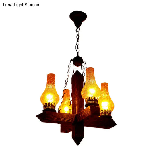 Farmhouse Amber Crackle Glass Vase Chandelier With Metal Frame - 5-Light Dining Room Pendant