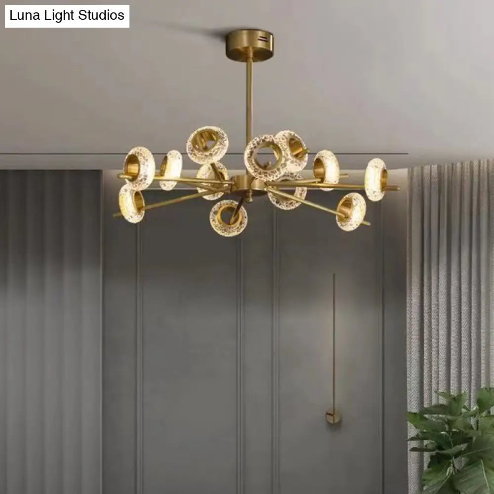 Crackled Crystal Glass Rings Pendant Chandelier With Postmodern Brass Finish - Perfect For A Diner