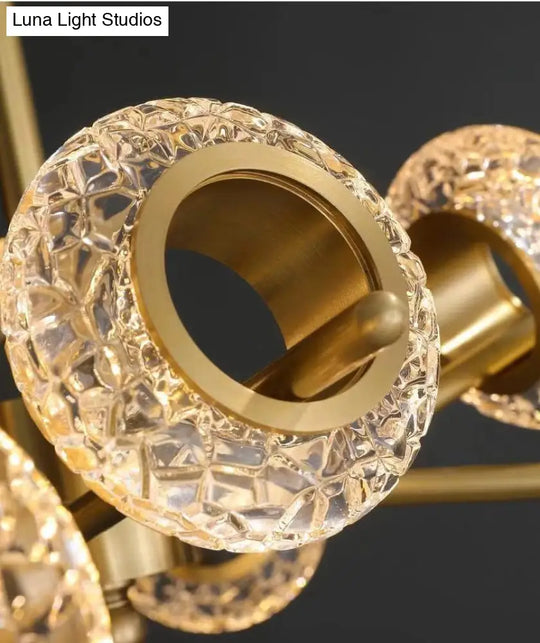 Crackled Crystal Glass Rings Pendant Chandelier With Postmodern Brass Finish - Perfect For A Diner