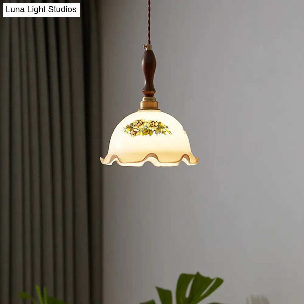 Retro Style Cream Glass Pendant Light With Ruffle Edge Suspension For Dining Room / B
