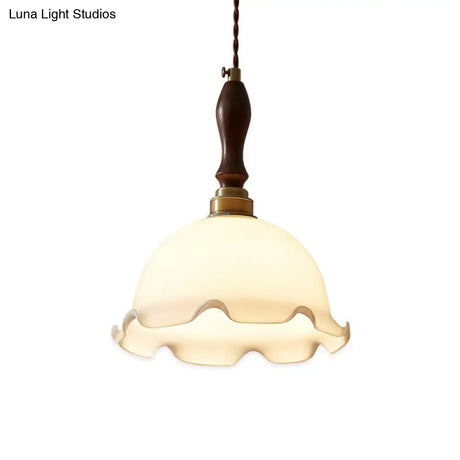 Cream Glass Retro Suspension Light With Ruffle Edge - Perfect For Dining Room