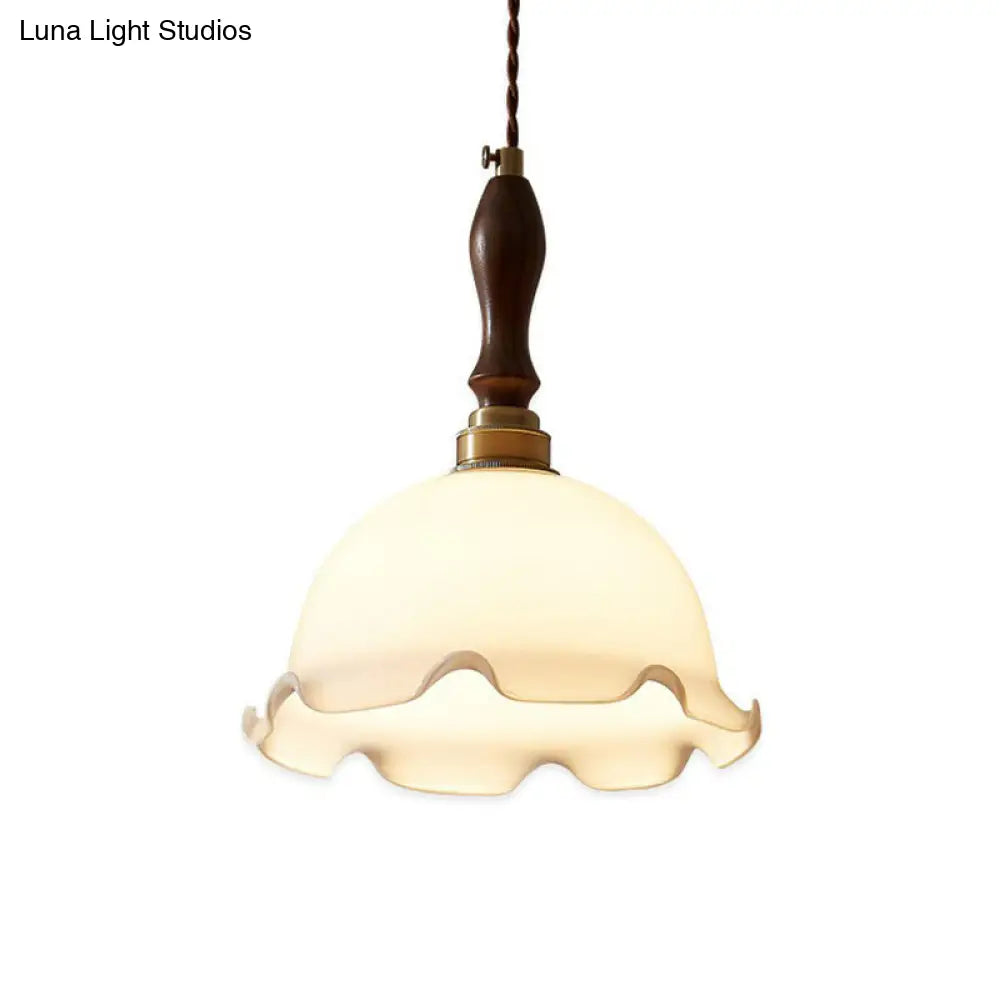 Retro Style Cream Glass Pendant Light With Ruffle Edge Suspension For Dining Room