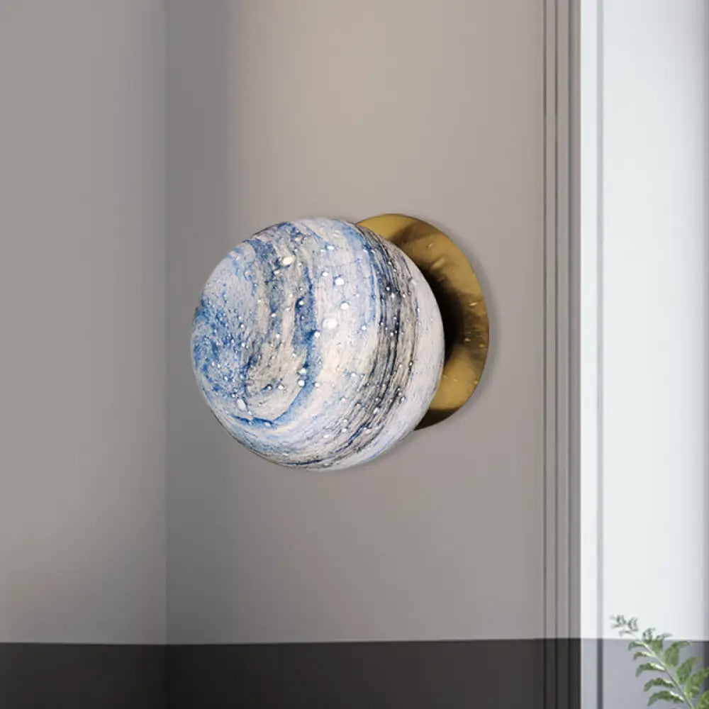 Creative Yellow/Blue Led Wall Sconce Lighting Fixture For Bedroom - Planet Frosted Glass Lamp Blue
