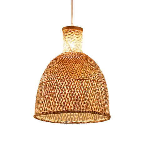 Criss-Cross Woven Bamboo Asian Pendant Lamp - Beige Color / D