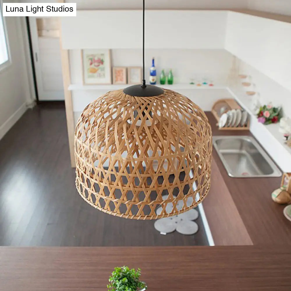 Cross Woven Bamboo 2-Layer Pendant Light For Kitchen Ceiling - Asia In Beige