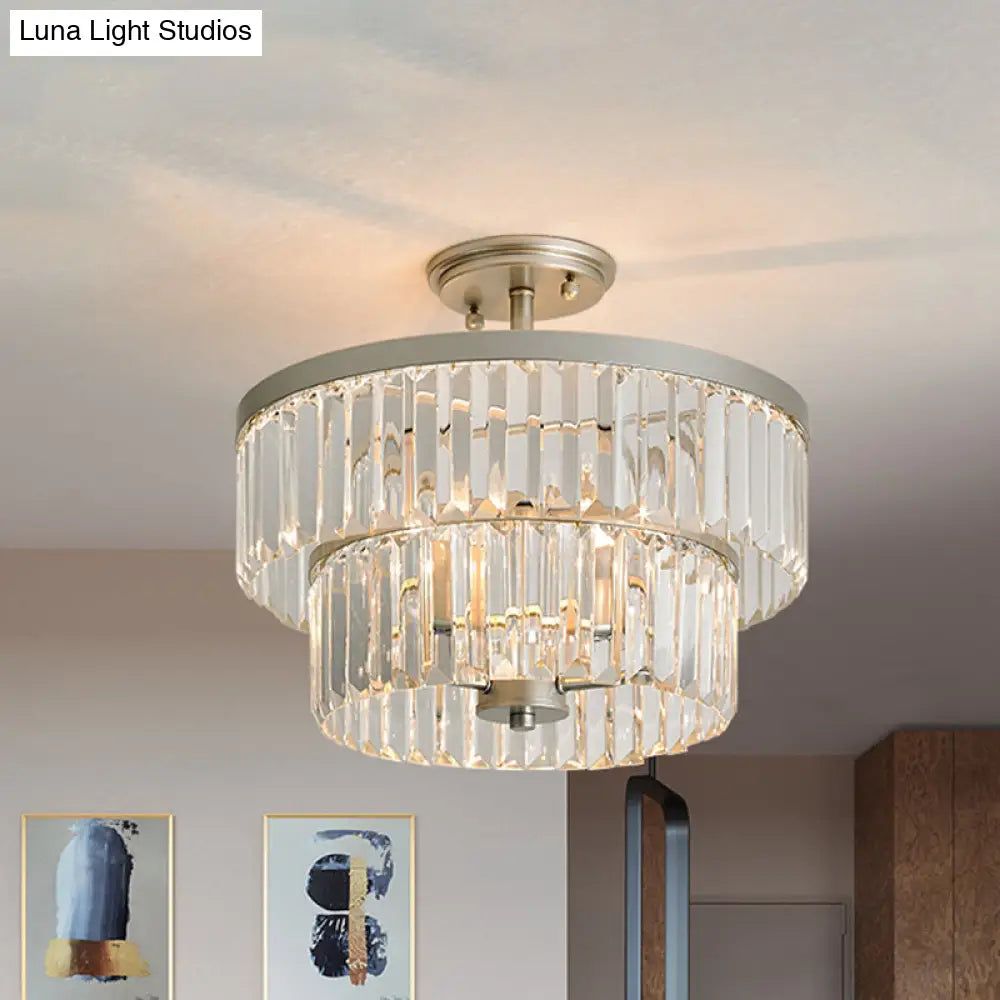 Crystal 2 - Tier Cylinder Semi Flush Light - Modern Ceiling Lamp For Dining Room