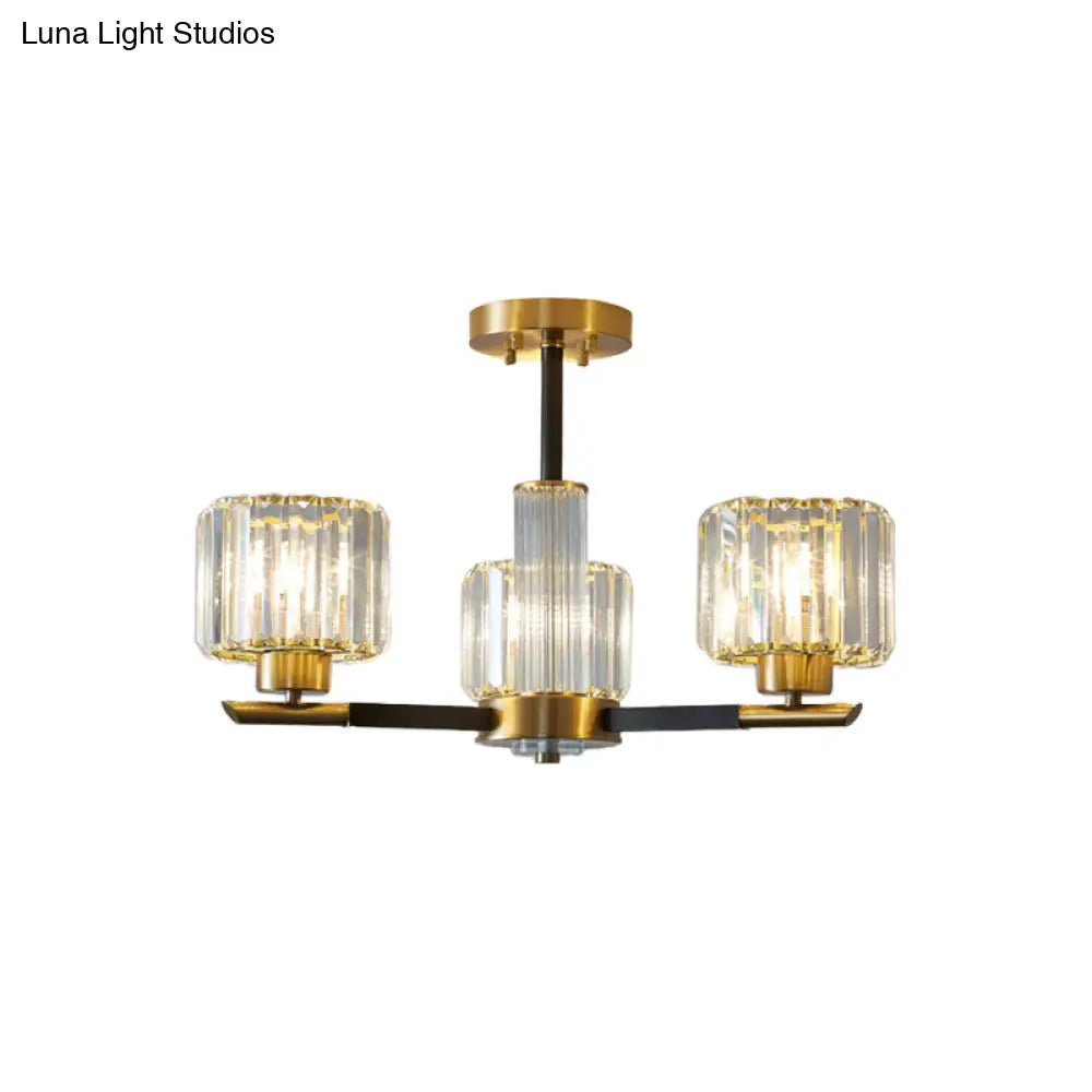 Crystal Block Ceiling Light With 3/6 Semi - Mounted Cylinder Lights In Black And Gold