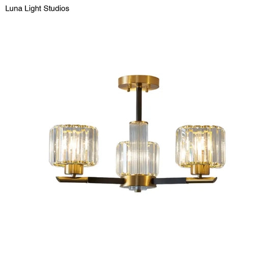 Crystal Block Ceiling Light With 3/6 Semi - Mounted Cylinder Lights In Black And Gold