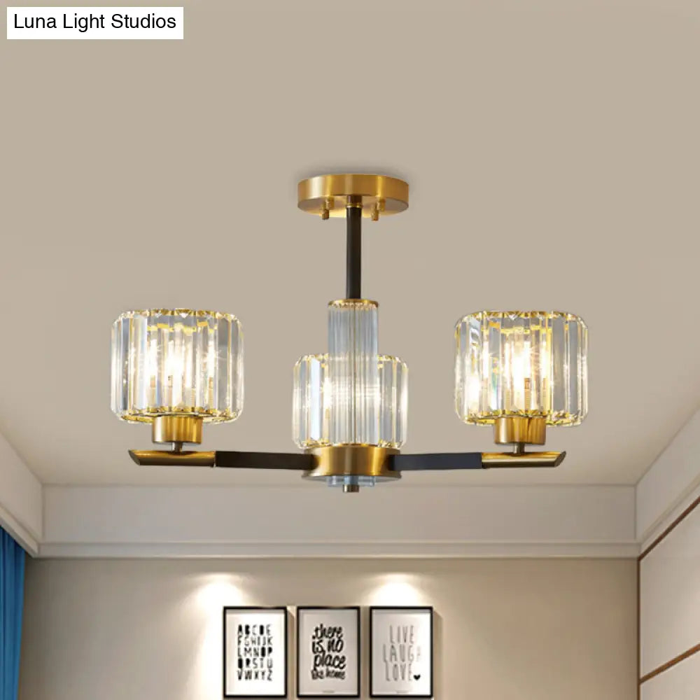 Crystal Block Ceiling Light With 3/6 Semi - Mounted Cylinder Lights In Black And Gold