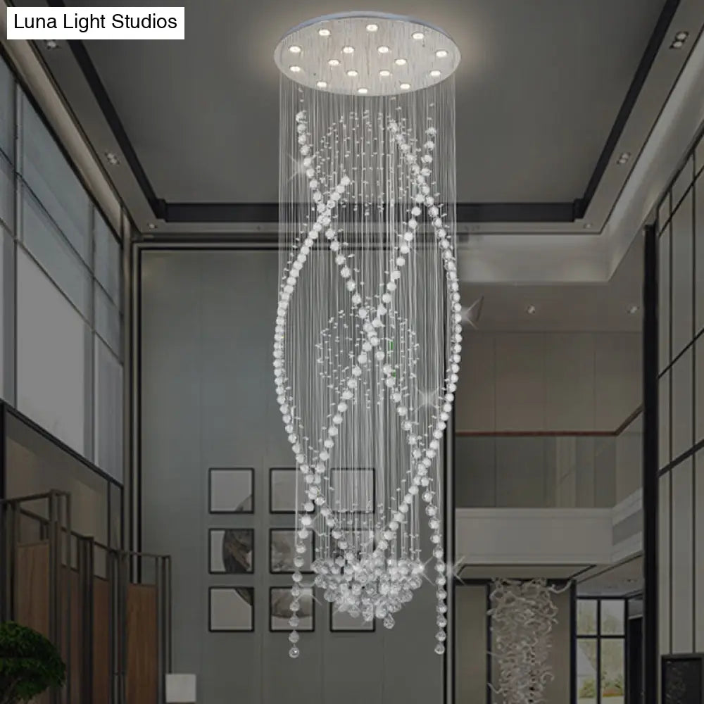 White Crystal Stair Cluster Pendant Light - Contemporary Hanging Lamp With 12 Bulbs